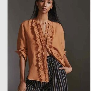 Pilcro Ruffled Button-Up Shirt in Warm Orange